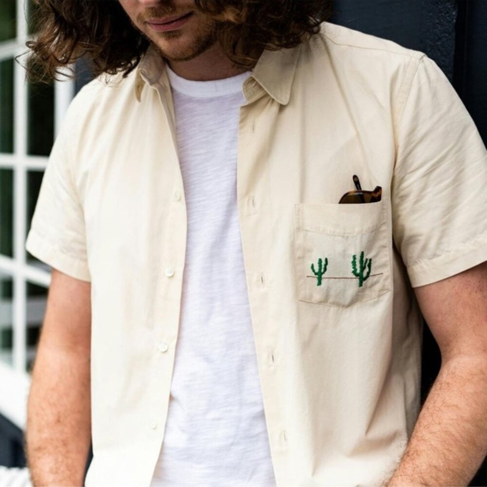 Laz Paz Short-Sleeve Beige Button-Down Shirt with Cactus Pocket Embroidery